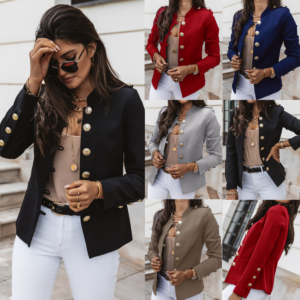 Womens Single Breasted Button Front Military Style Blazer La