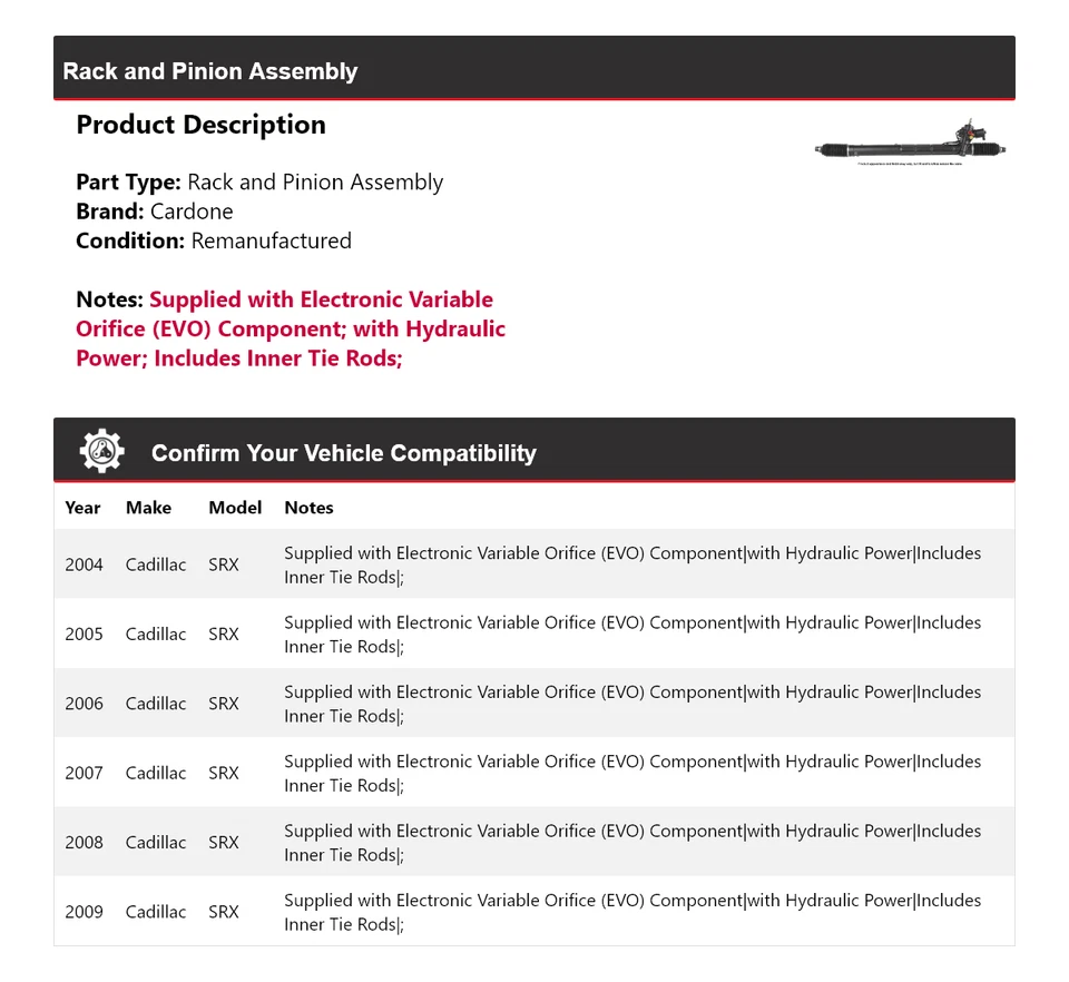 Conjunto de piñón y cremallera Cardone 2005 2006 2007 2008 para Cadillac SRX 2004-2009 Foto 2 de 4
