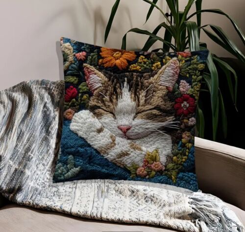 Contemporary Style Super Soft Sleeping Cat In Flowers Cushion Cover 45cm x 45cm - Picture 2 of 4