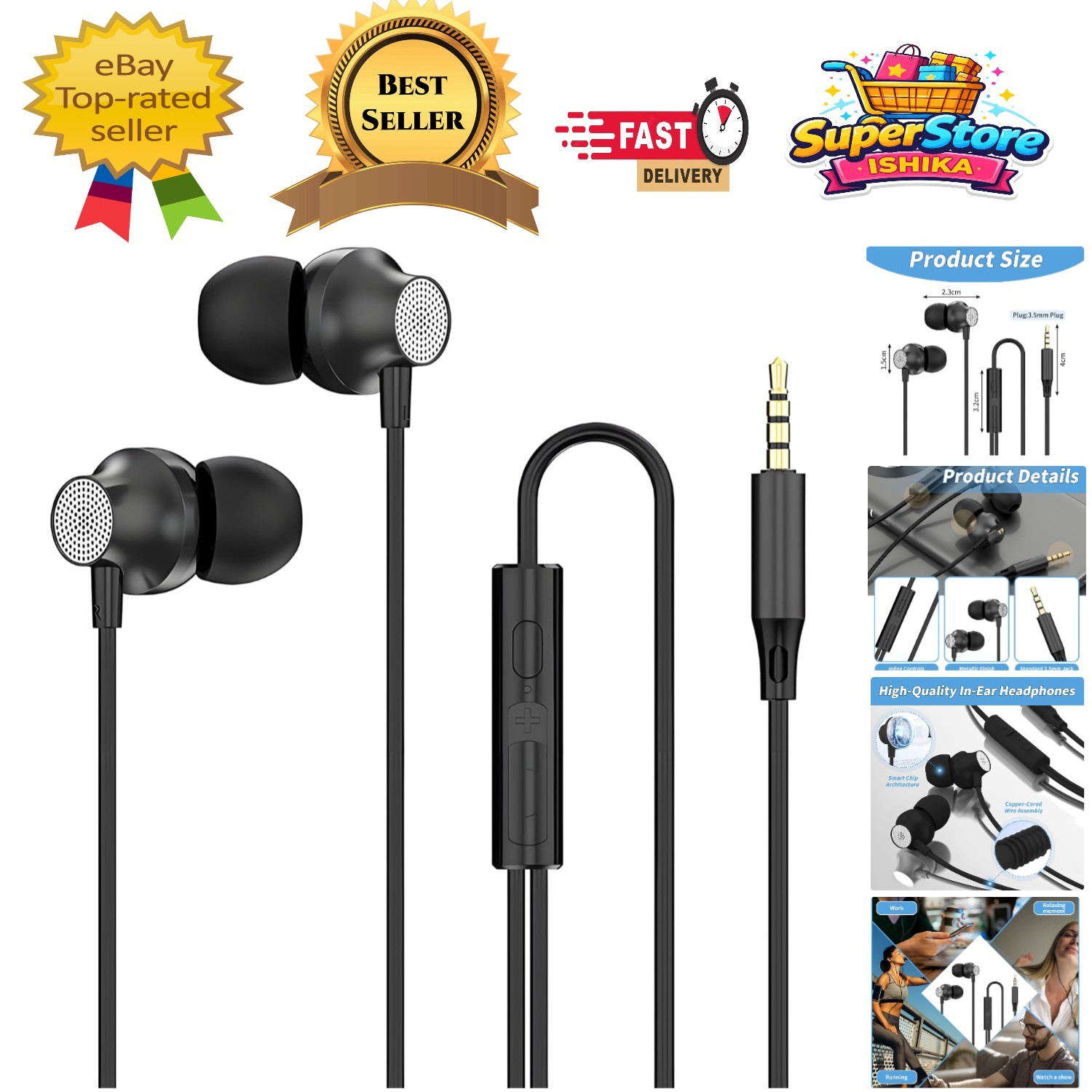 Lightweight Wired Earphones with Microphone - Exceptional Bass & Comfort, Black