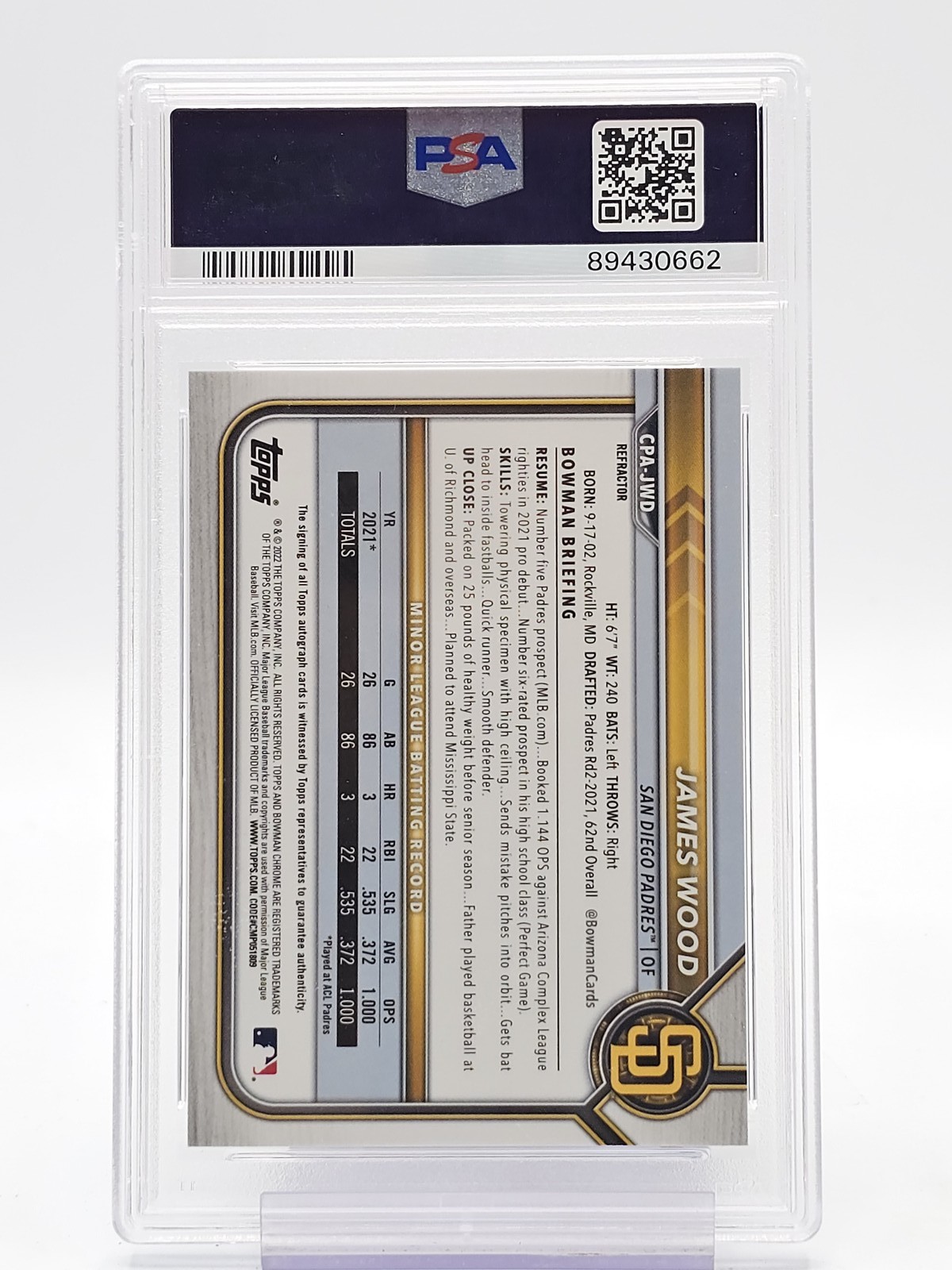 JAMES WOOD 2022 BOWMAN CHROME 1ST AUTOGRAPH REFRACTOR /499 AUTO PSA 10 Q2167 view 2