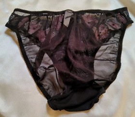Vintage Felina Bikini Panties w Floral Embroidery Sheer Netted Black M 36