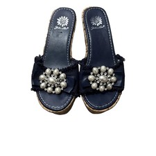 Yellow Box Navy With A Cork Wedge Sandal Sz 6 Broach Type Look On Strap.
