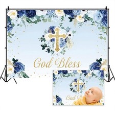 7x5ft God Bless Backdrop Golden Cross Blue Floral Green Leaves Baptism Minima...