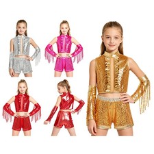 Kids Girls Jazz Stage Show Dance Outfits Rave Hip Hop High Neck 3-Piece Fringe