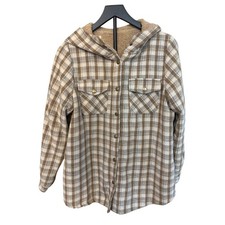 Womens Plaid Sherpa Lined Hooded Shirt Jacket Brown Tan Cozy Casual Outerwear