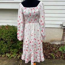 Draper James White Floral Dress Puff Sleeve Summer Linen Blend L Prairie Cottage