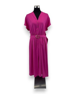 Salsa Jeans Damen Kleid XL Pink Leinenmix V-Neck Gold-Details Midi Sommerkleid