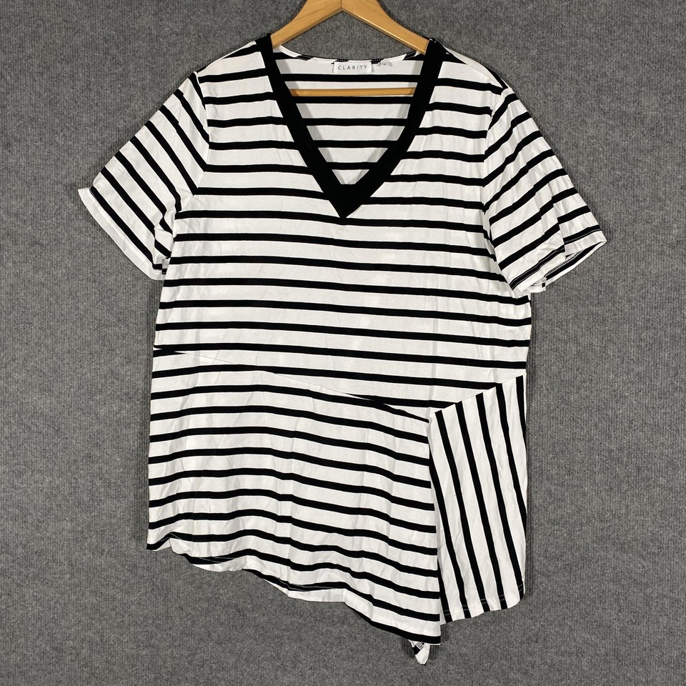 Clarity Shirt Womens L White Black Stripe Asymmetric Hem Nautical Tee T-Shirt 1J