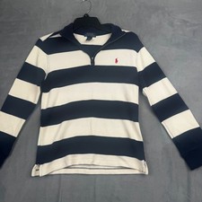 Polo Ralph Lauren Boys Navy Blue Cream Striped Quarter Zip Pullover Sweater M 12