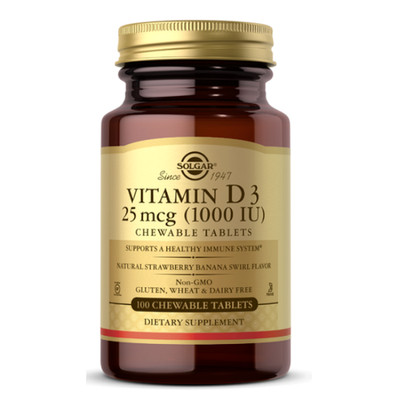 Vitamin D3 1000 IE 100 Kautabletten mit natürlichem Erdbeer-Bananen-Strudel-Gesc