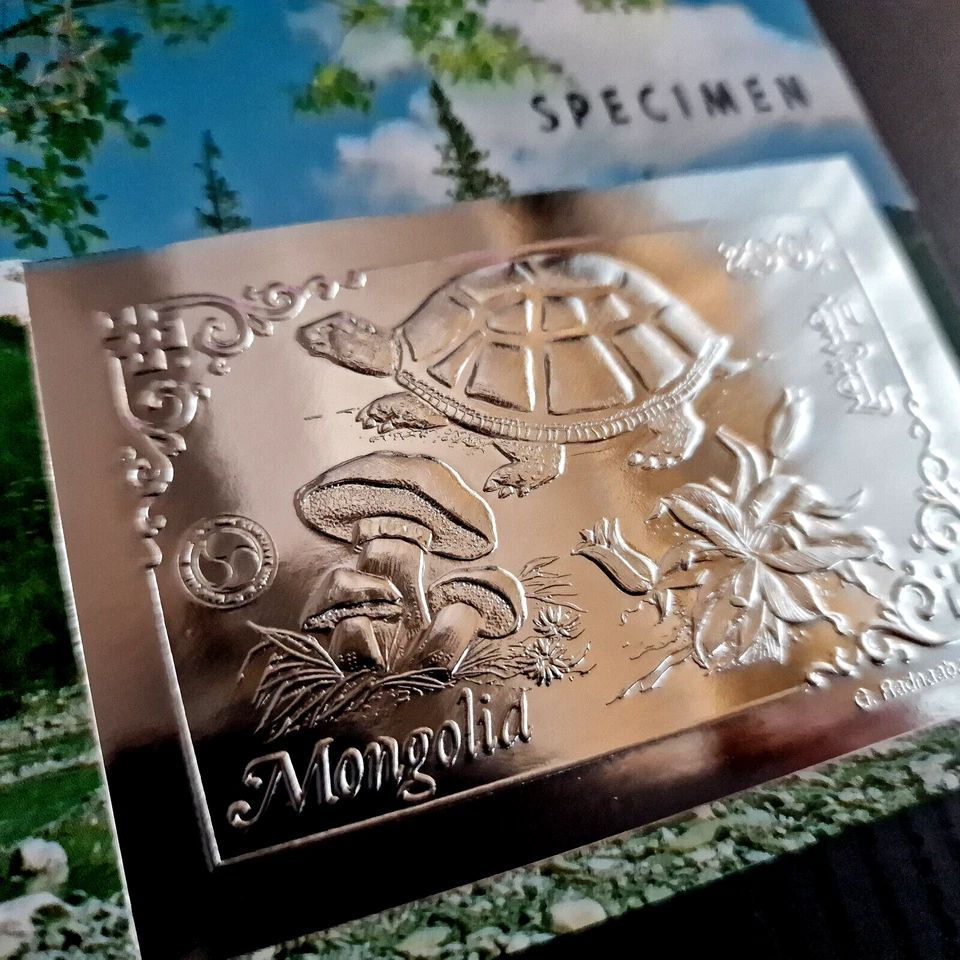 Mongolia 1993 SPECIMEN Turtles Mushrooms MNH Silver Stamp Block - Image 2 of 4