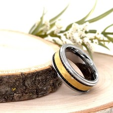 8mm Silver Tungsten Carbide Wedding Band Black Lines With Gold Hammered Ring