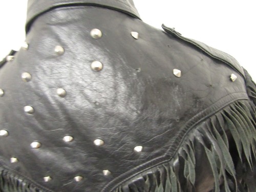 VINTAGE 80'S LA ROCKA LEATHER FRINGED MOTORCYCLE JACKET SIZE UKM, TASSELS, STUDS - Picture 9 of 17