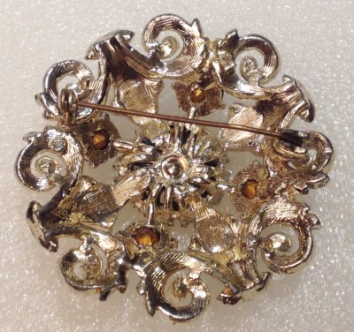 Broche Vintage Couleur Or Ronde - Cristaux Améthyste, Perle Turquoise - Modèle 3875