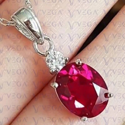 5.30ct Oval Cut Natural Ruby & Diamond Pendant 18k White Gold Plated No Chain