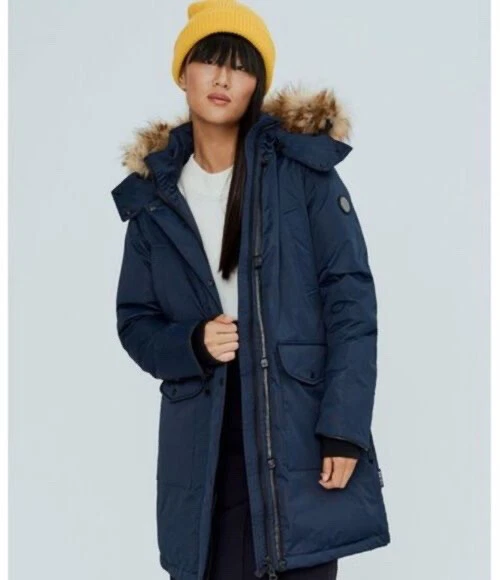 New Noize Nora Faux Fur Trim Hooded Parka Coat In Navy Size XS
