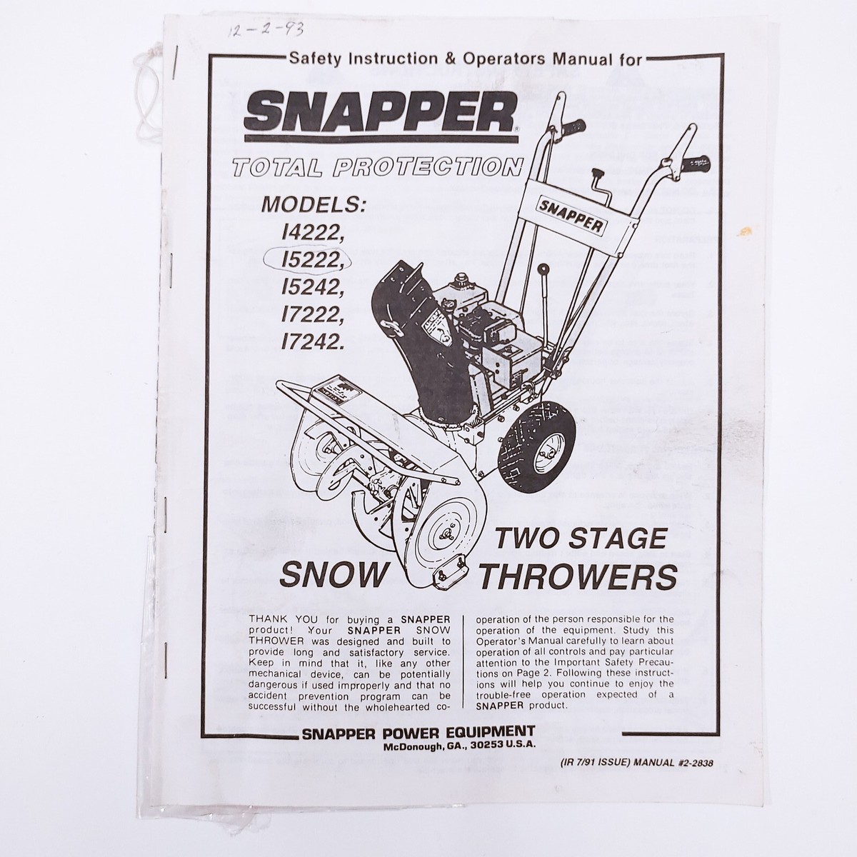 Snapper 14222 15222 15242 17222 17242 Two Stage Snow Thrower Owners Manual
