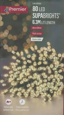 PREMIER DECORATIONS 80 Warm White LED Supabright Christmas String Tree Lights 6.3M Lit Green Cable