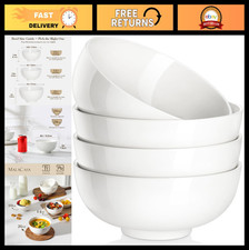 Set of 4 White Porcelain Soup Bowls - 26 OZ Ceramic Cereal, Salad, Ramen, Rice -