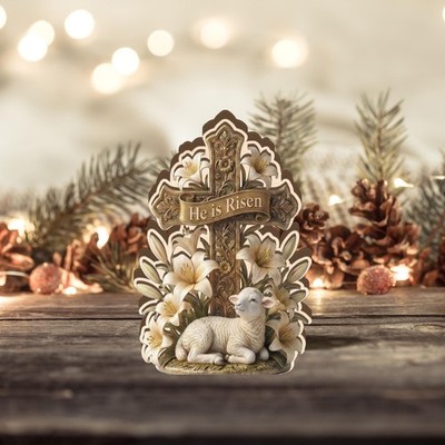 He Is Risen Easter Cross Statue with Lamb & Lily flat 2D Wooden Block, Resurrect
