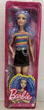 Barbie Fashionistas Doll #170 Blue Hair, Rainbow Striped Shirt & Blue Skirt NRFB