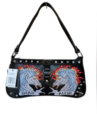 Ed Hardy Y2K Dead or Alive Studded Shoulder Bag Black Rhinestone