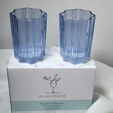 NEW IN perfect gift-giving BOX GLASS HAUSE RIBBED GLASSES SET OF 2 - 12oz Blue