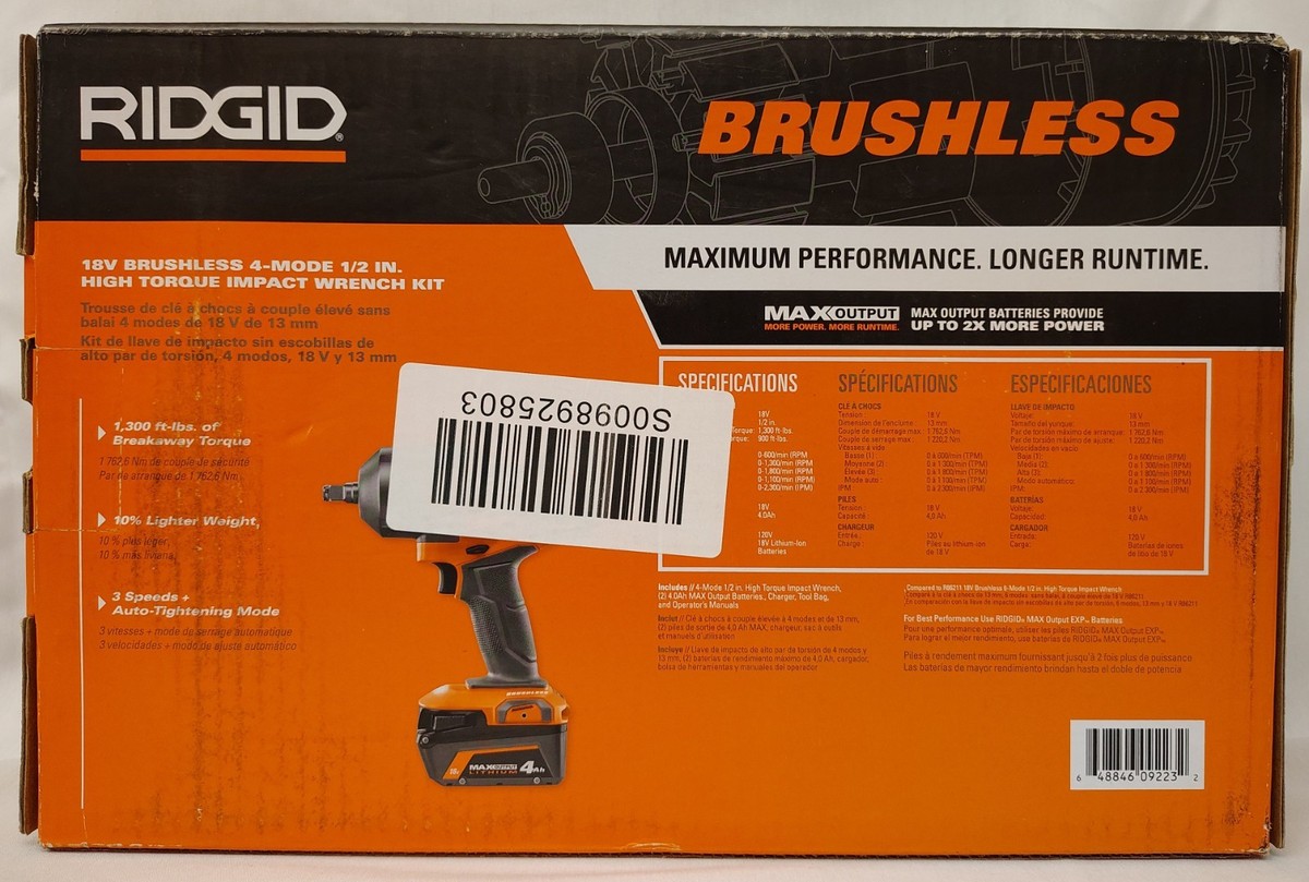 New RIDGID R86212KSB 18V Brushless 4-Mode 1/2