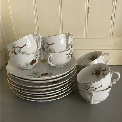 Vintage Porzellan Tannenzapfen Muster Wüste Set - weiß und braun Made in Japan - Bild 1 von 4