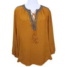 DR2 Blouse Peasant Top XL Flowy Artsy Boho Embroidery Golden Career Office Event