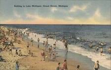 Bathing Lake Michigan,Grand Haven,Michigan,MI Tichnor Ottawa County Postcard