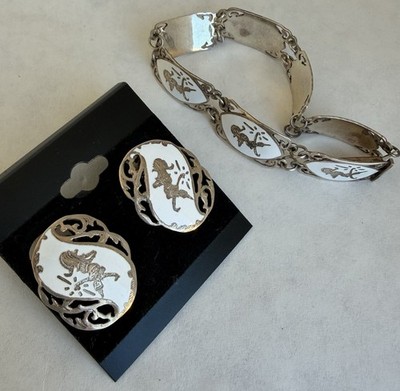 Siam Sterling Thai Dancer Bracelet & Clip-On Earrings Enamel Set