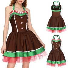 Women's Christmas Sleeveless Gingerbread Costume Halloween Xmas Masquerade Mini