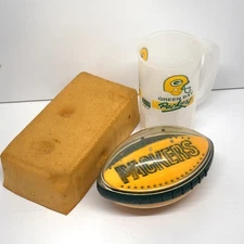 Vtg Green Bay Packers NFL Paper Weight Sand Football, Plastic Mug & Foam Cheese