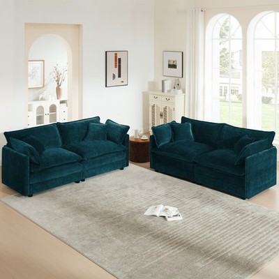 2-Pc Sofa Set, 4-Seat Chenille Loveseat & Couch for Living Room, Blue