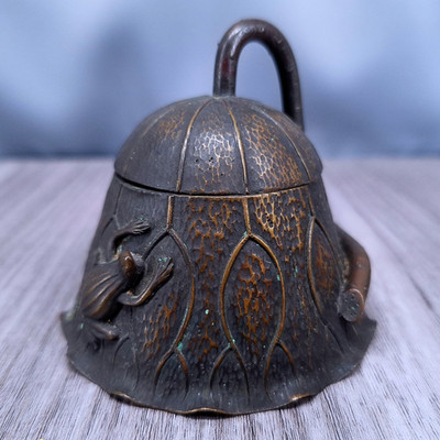 Antique Bronze Frog on Lotus Ink well Hinged Dome Lid Ceramic Well - 2.5 inches