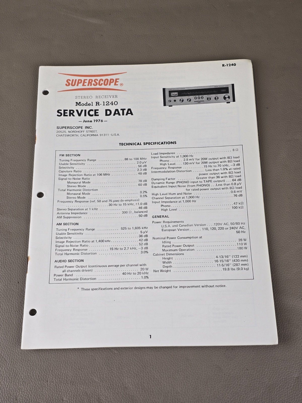 Superscope Stereo Receiver R-1240 Service Data D-6162