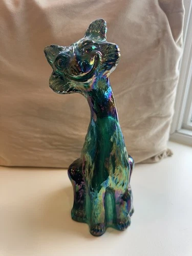 Fenton Winking Alley Cat Iridescent Green Carnival Glass 11" Tall Smiling Cat