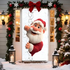 Christmas Door Cover Banner Broken Wall Santa Claus Xmas Front Porch Sign Decor