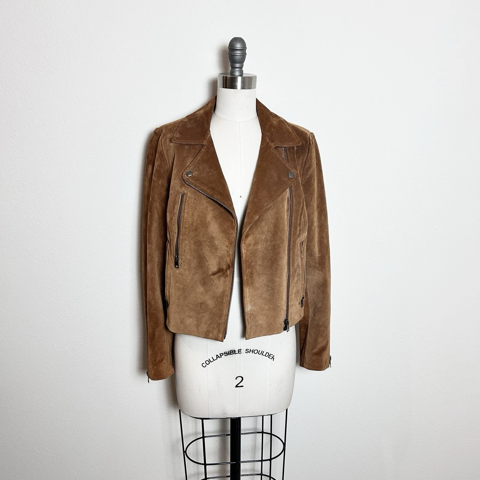 Brown Suede Leather Biker Moto Jacket Camel Tan Pockets Women's Short Size S