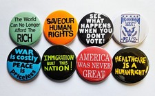 Vintage Reproduction Protest Pinback Buttons Magnets  Bottle Openers. Set 12