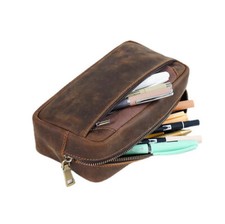 Retro Genuine Leather Pencil Case Zipper Pen Stationery Pouch Bag Large Capacity