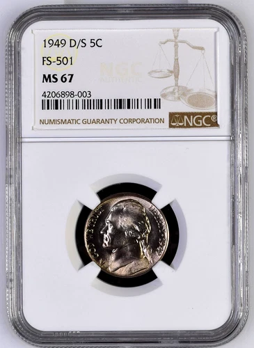 1949 D/S Jefferson Nickel NGC Graded MS 67 FS 501. Top Pop - 5/0. $6,500 Value.