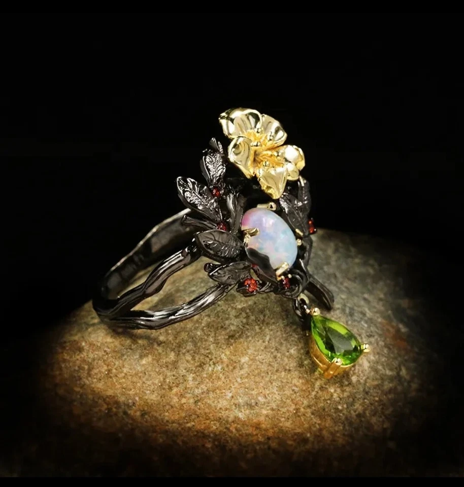 Black S925 Sterling Silver Opal Green Zircon Enamel Gold Flower Ring Size: 6 - Image 4 of 4