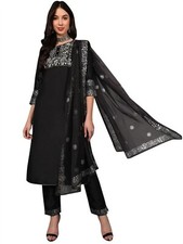Women's Silk Blend Yoke Design Embroidered Straight Kurta Pant with Dupatta