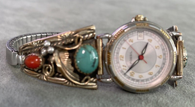 Vintage Roger Skeet Jr Turquoise Coral Watch Tips Sterling 12K Gold Filled Dine