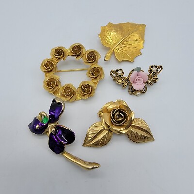 5Pc Brooches Lot Rose Orchid Flower Gold Tone