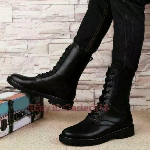 Gothic Mens Punk Leather Military Boots Lace Up Combat Ankle Boots Plus Size new