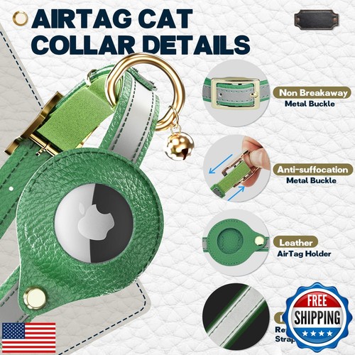 Leather AirTag Cat Collar Non Breakaway, Reflective GPS Cat Collar Adjustable - Picture 5 of 5